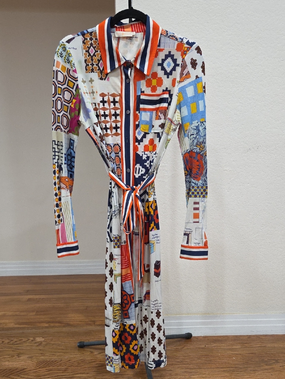 Sz S - Tory Burch Multicolor Patchwork Shirt Dress with Waist Tie